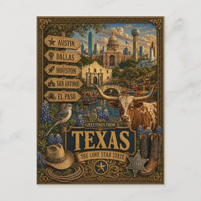 Greetings From Texas | Vintage Retro Art Postcard (Front)