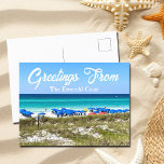 Greetings from The Emerald Coast Beautiful Florida Postcard<br><div class="desc">Greetings from the Emerald Coast. Gorgeous Destin,  Florida photography postcard with blue beach umbrellas along the seashore and breathtaking blue green serene ocean water and sea grass. Perfect summer vacation postcards.</div>