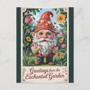 "Greetings from the Enchanted Garden" Gnome Holiday Postcard