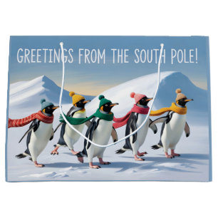 "Greetings from the South Pole" Penguin Design Large Gift Bag