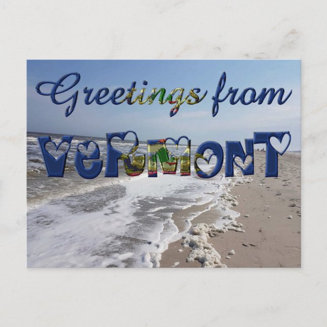 Greetings from Vermont State Flag Hearts USA Postcard (Front)