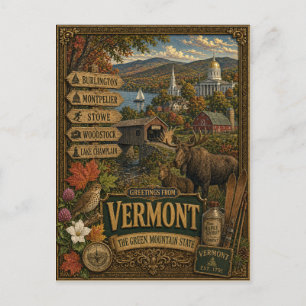Greetings From Vermont   Vintage Retro Art Postcard