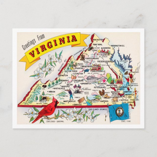 Greetings from Virginia Map Vintage Travel Postcard (Front)