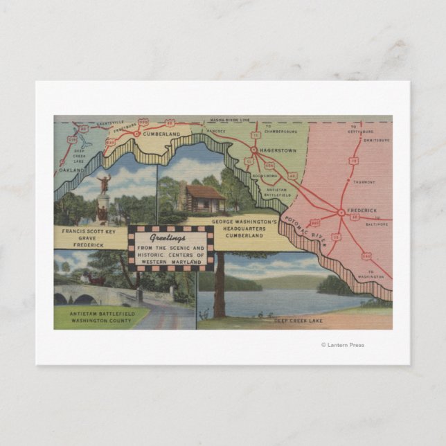 Greetings From Western Maryland (Detailed Map) Postcard (Front)