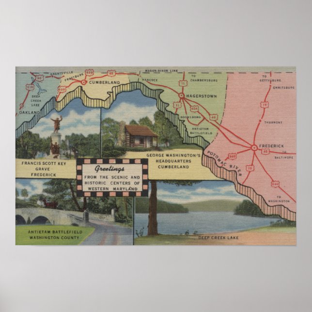 Greetings From Western Maryland (Detailed Map) Poster (Front)