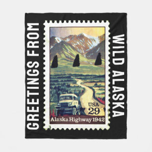 Greetings from Wild Alaska Vintage Postage Stamp Fleece Blanket