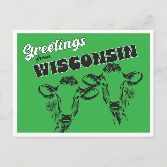 Greetings from Wisconsin with Vintage Cows Drawing Postcard (Front)