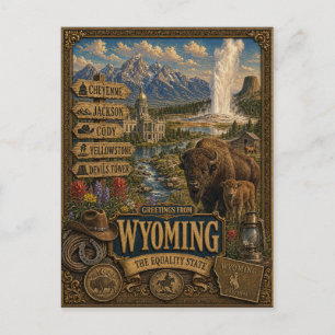 Greetings From Wyoming Vintage Retro Art Postcard