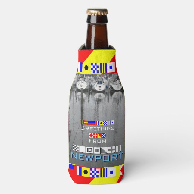 Greetings Newport RI Nautical Flags personalised Bottle Cooler (Bottle Front)