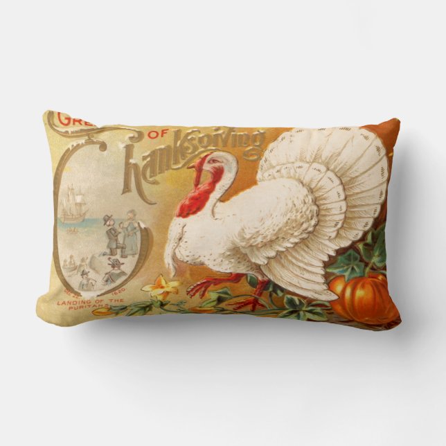Greetings of Thanksgiving White Turkey Vintage Lumbar Cushion (Front)