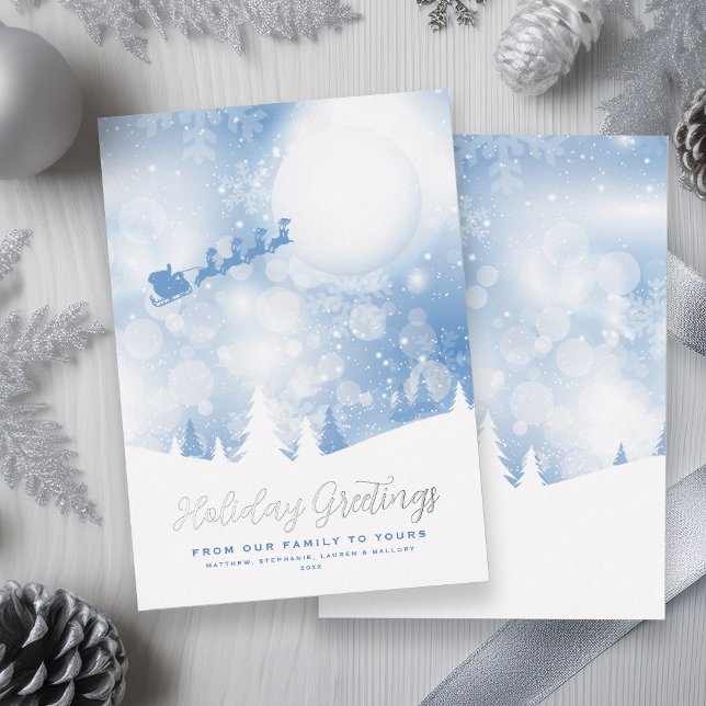 Greetings Santa Script Blue Snow Real Foil Holiday Card (Holiday Greetings Santa Script Blue Snow Real Gold Fold)