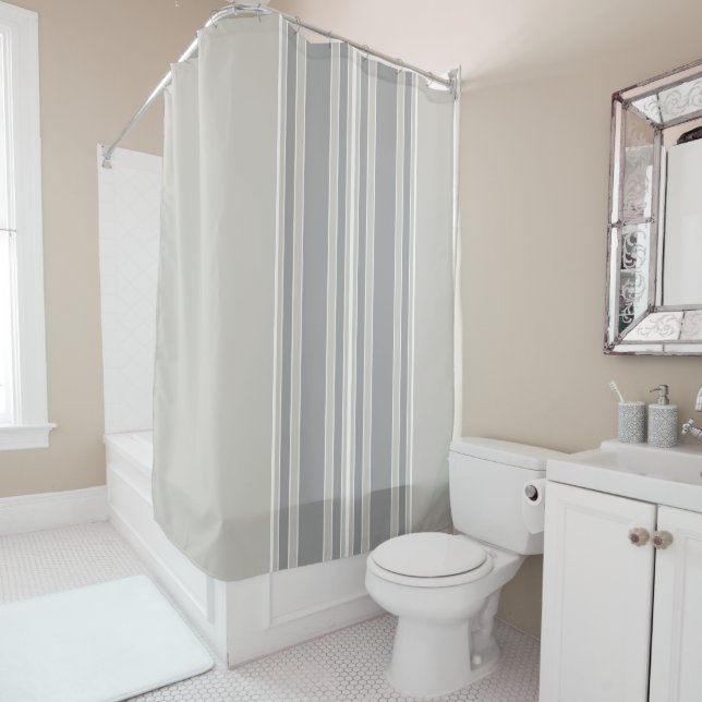 Greige and Grey Stripes Off-Centre Modern #D3CFC7 Shower Curtain (In Situ)