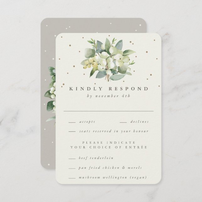 Greige/Cream Snowberry+Eucalyptus Bouquet Wedding RSVP Card (Front/Back)