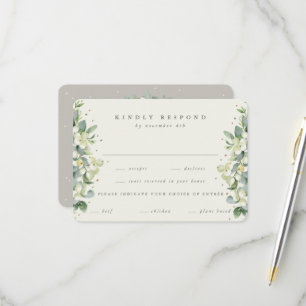 Greige/Cream Snowberry+Eucalyptus Edged Wedding RSVP Card