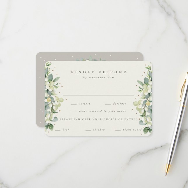 Greige/Cream Snowberry+Eucalyptus Edged Wedding RSVP Card (Front/Back In Situ)