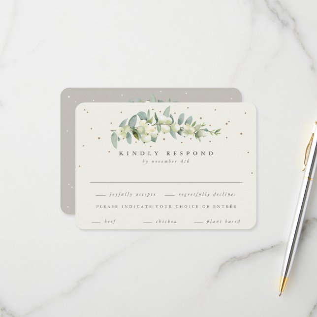 Greige/Cream Snowberry+Eucalyptus Stem Wedding RSVP Card (Front/Back In Situ)