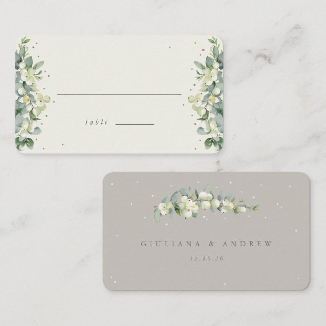 Greige/Cream Snowberry+Eucalyptus Wedding Flat Place Card (Front/Back)