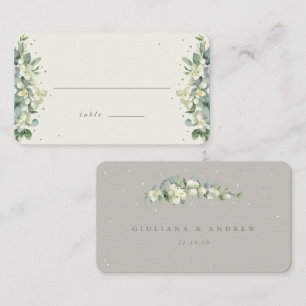 Greige/Cream Snowberry+Eucalyptus Wedding Flat Place Card