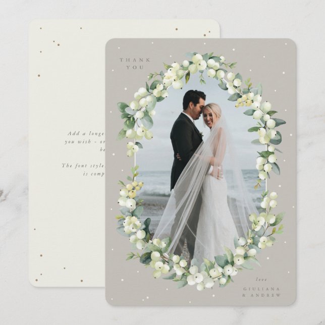 Greige/Cream Snowberry+Eucalyptus Wedding Photo Thank You Card (Front/Back)