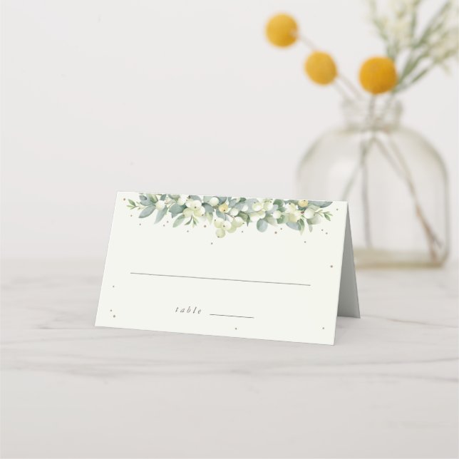 Greige/Cream Snowberry+Eucalyptus Wedding Place Card (Front)
