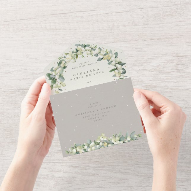 Greige/Cream Snowberry+Eucalyptus Winter Wedding All In One Invitation (Opening)