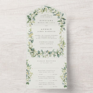 Greige/Cream Snowberry + Eucalyptus Winter Wedding All In One Invitation