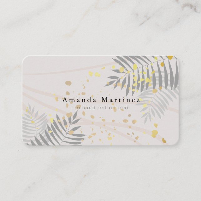 Greige Palm Tree Leaves Carved Lines Business Card (Front)