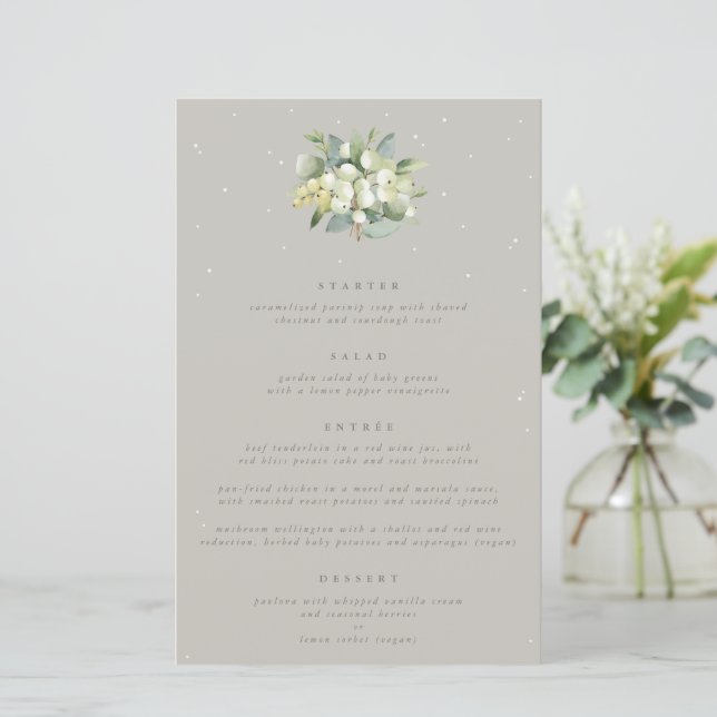 Greige Snowberry+Eucalyptus 4 Course Wedding Menu (Standing Front)