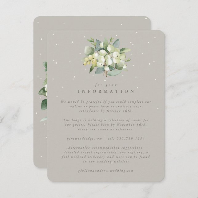 Greige Snowberry+Eucalyptus Bouquet Wedding Info Enclosure Card (Front/Back)