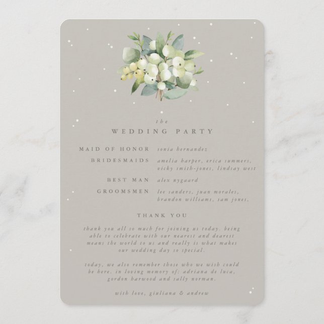 Greige Snowberry+Eucalyptus Bouquet Winter Wedding Programme (Back)