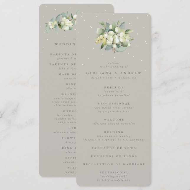 Greige Snowberry+Eucalyptus Bouquet Winter Wedding Programme (Front/Back)