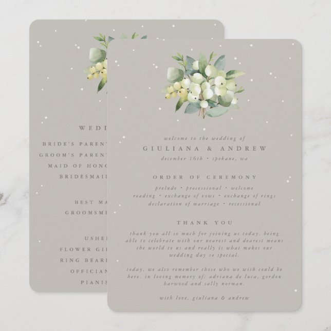 Greige Snowberry+Eucalyptus Bouquet Winter Wedding Programme (Front/Back)