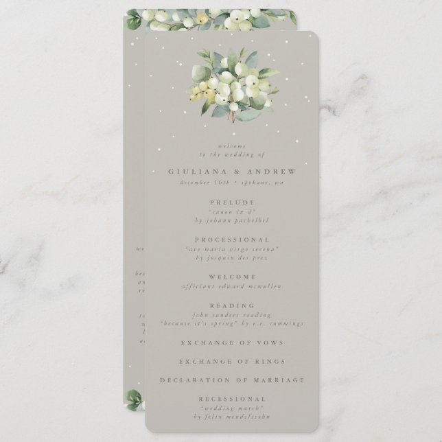 Greige Snowberry+Eucalyptus Bouquet Winter Wedding Programme (Front/Back)