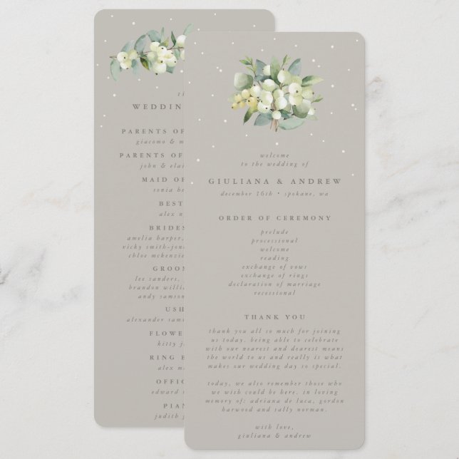 Greige Snowberry+Eucalyptus Bouquet Winter Wedding Programme (Front/Back)