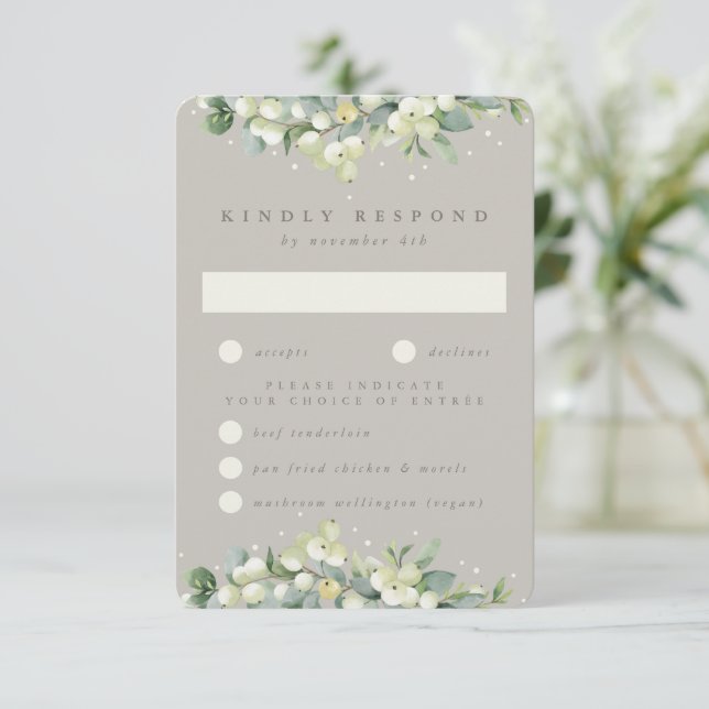 Greige Snowberry+Eucalyptus Edged Wedding RSVP (Standing Front)