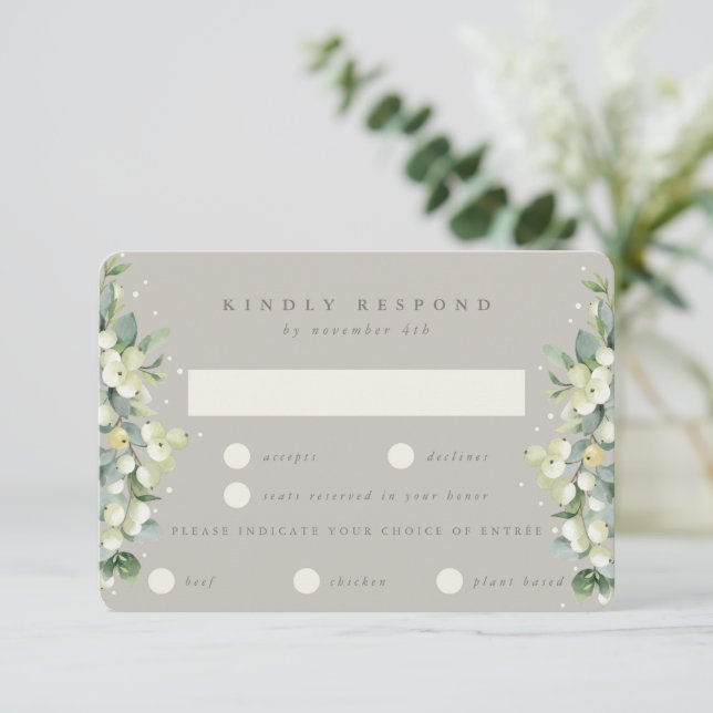 Greige Snowberry+Eucalyptus Edged Winter Wedding RSVP Card (Standing Front)