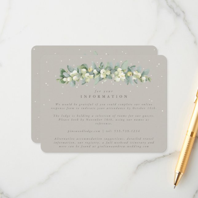 Greige Snowberry+Eucalyptus Garland Wedding Info Enclosure Card (Front/Back In Situ)