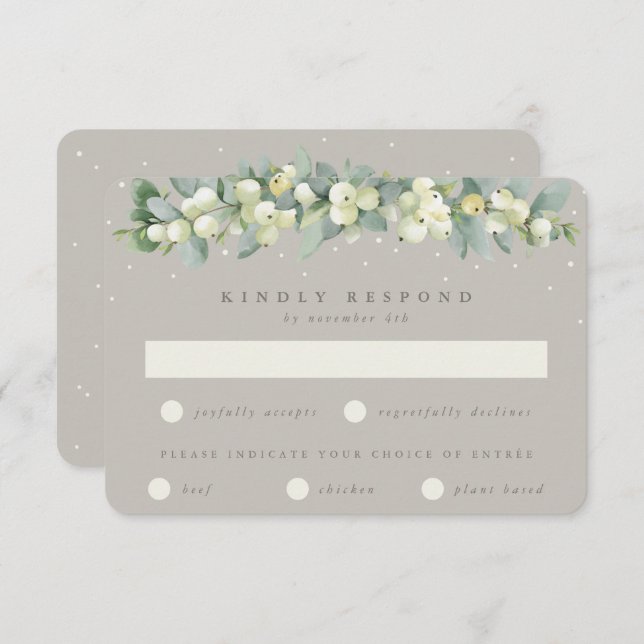 Greige Snowberry+Eucalyptus Garland Winter Wedding RSVP Card (Front/Back)