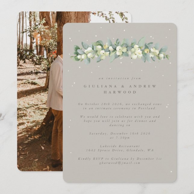 Greige Snowberry+Eucalyptus Reception Photo Invitation (Front/Back)