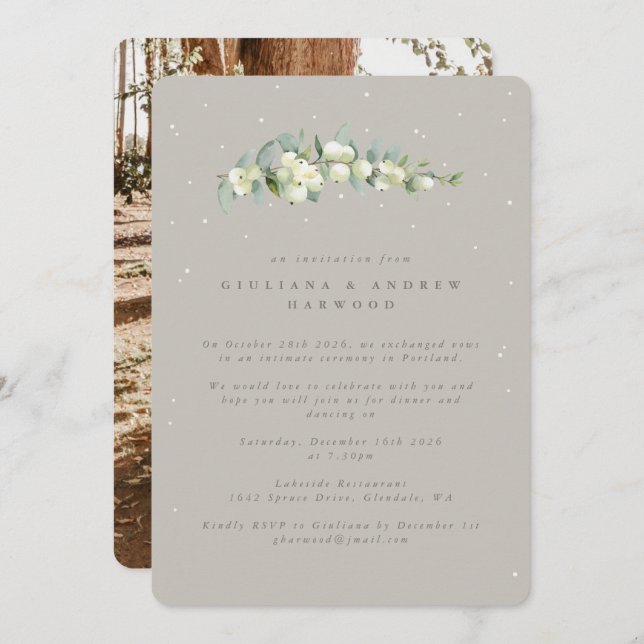 Greige Snowberry+Eucalyptus Reception Photo Invitation (Front/Back)