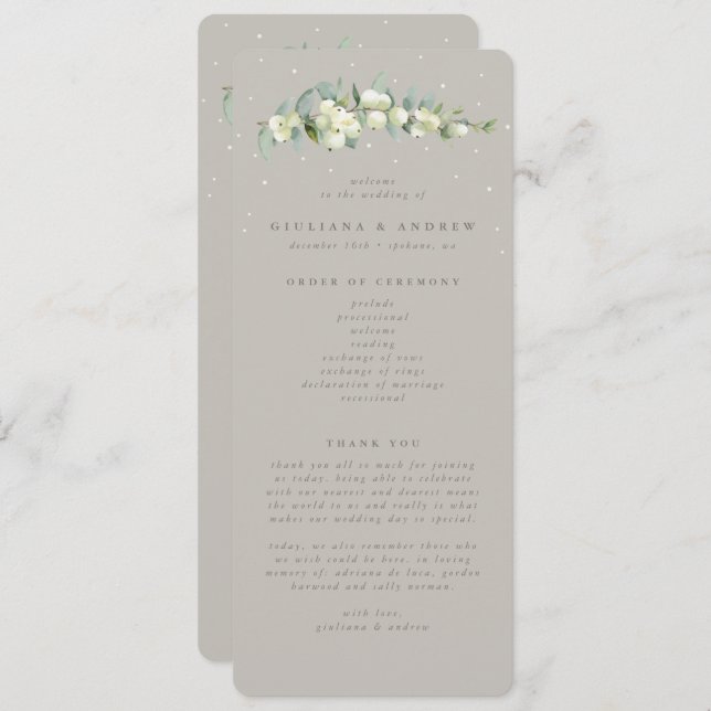 Greige Snowberry+Eucalyptus Stem Winter Wedding Programme (Front/Back)