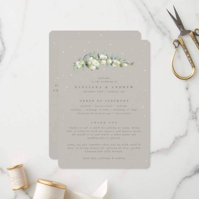 Greige Snowberry+Eucalyptus Stem Winter Wedding Programme (Front/Back In Situ)