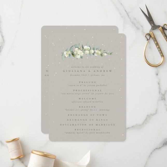 Greige Snowberry+Eucalyptus Stem Winter Wedding Programme (Front/Back In Situ)