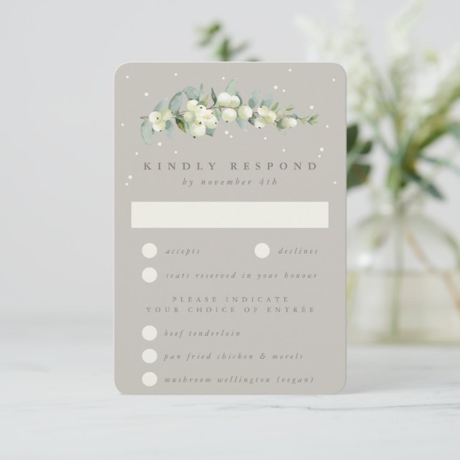 Greige Snowberry+Eucalyptus Stem Winter Wedding RSVP Card (Standing Front)