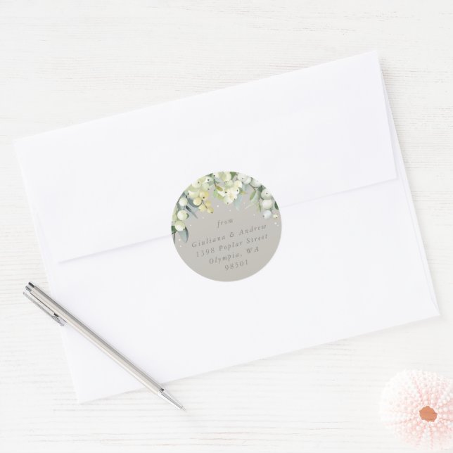 Greige Snowberry+Eucalyptus Wedding Address Classic Round Sticker (Envelope)