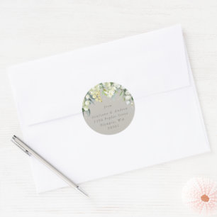 Greige Snowberry+Eucalyptus Wedding Address Classic Round Sticker