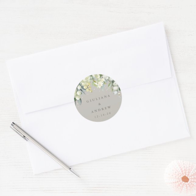 Greige Snowberry+Eucalyptus Wedding Classic Classic Round Sticker (Envelope)