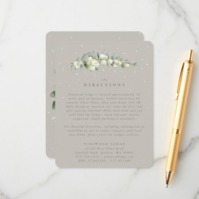 Greige Snowberry+Eucalyptus Wedding Directions Enclosure Card (Front/Back In Situ)
