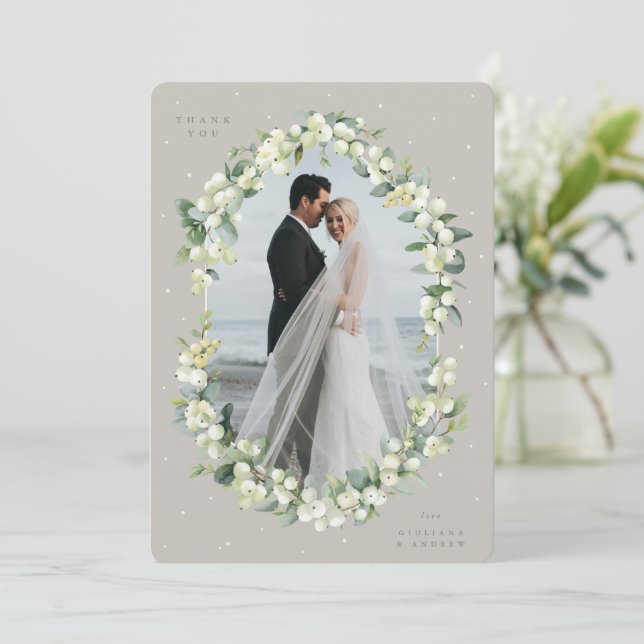 Greige Snowberry+Eucalyptus Wedding Flat Photo Thank You Card (Standing Front)