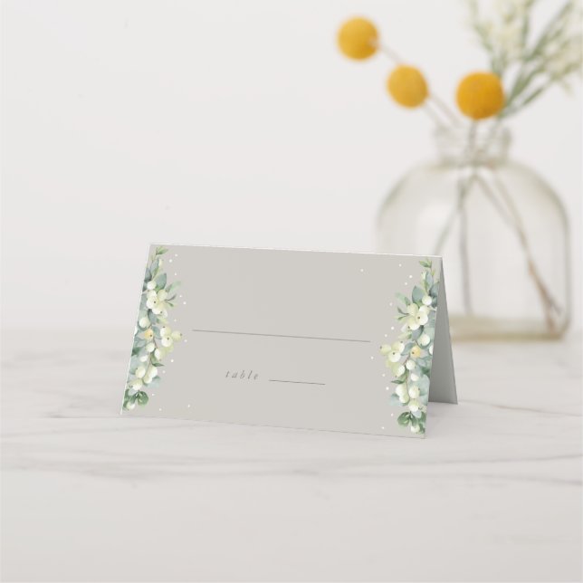Greige Snowberry+Eucalyptus Wedding Folded Place Card (Front)